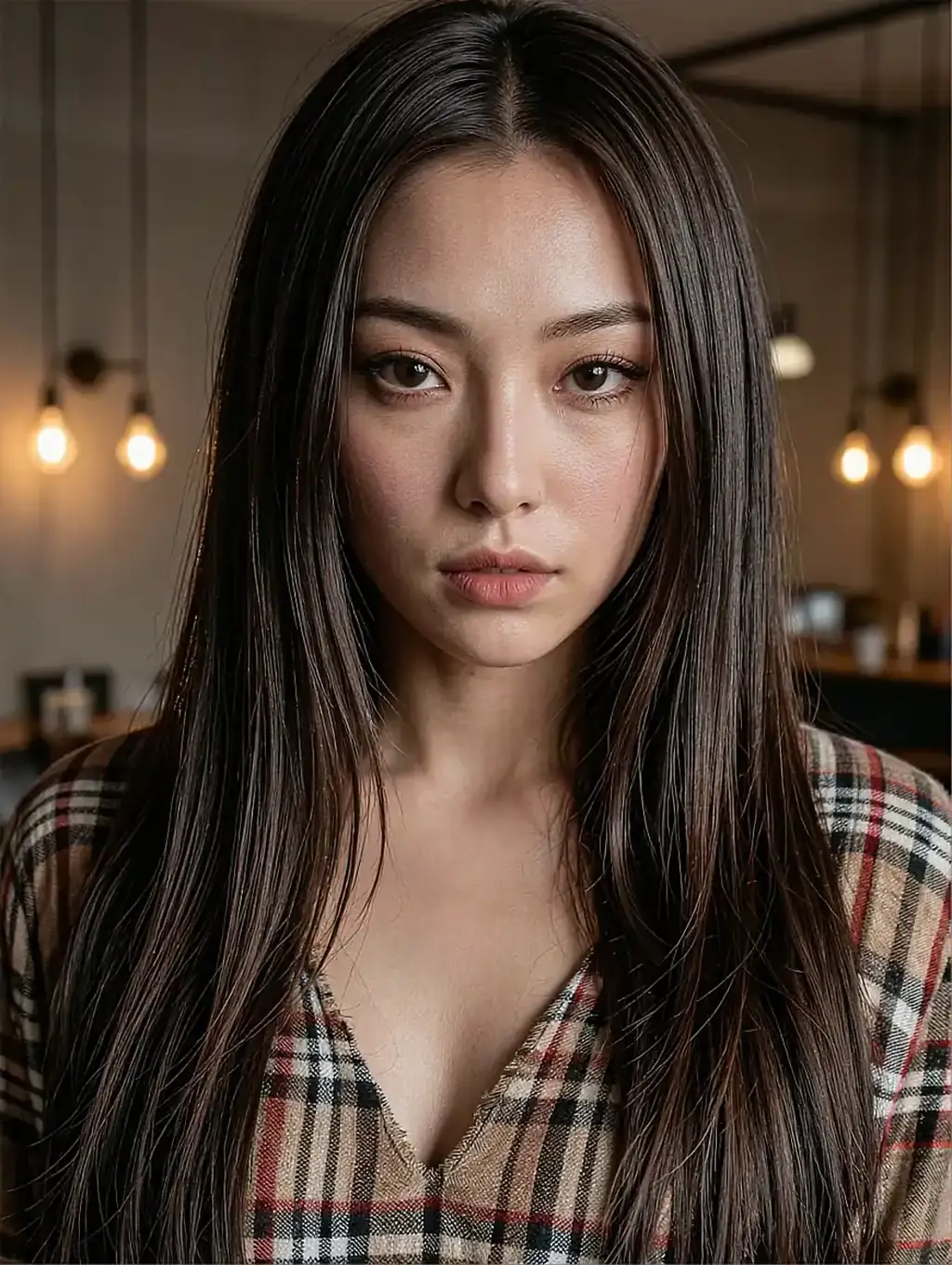 Nadia, a fictional AI character, standing in a rented photo studio at night