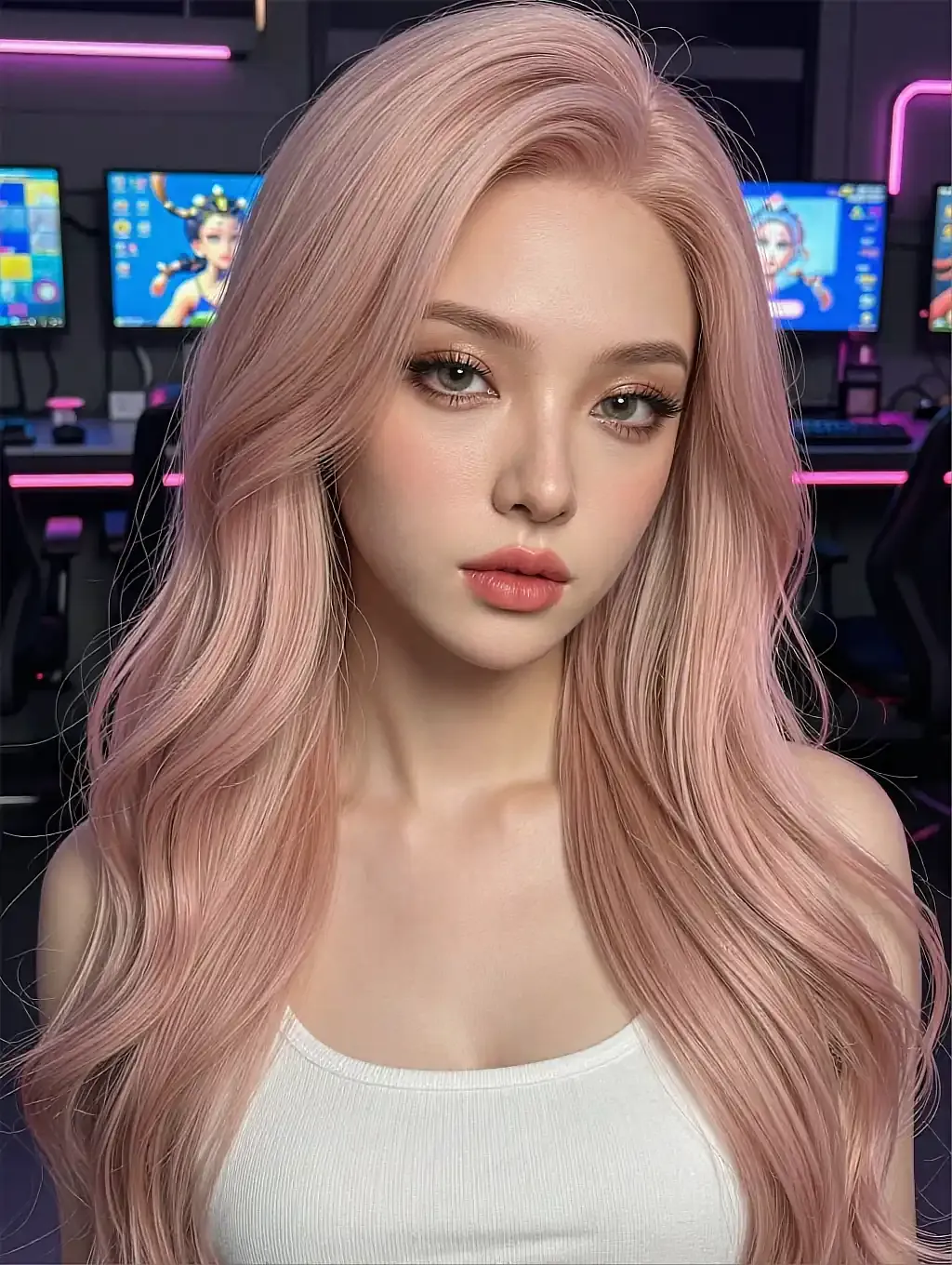 Fictional AI character rendered with the NSFW controls on, low bedroom light
